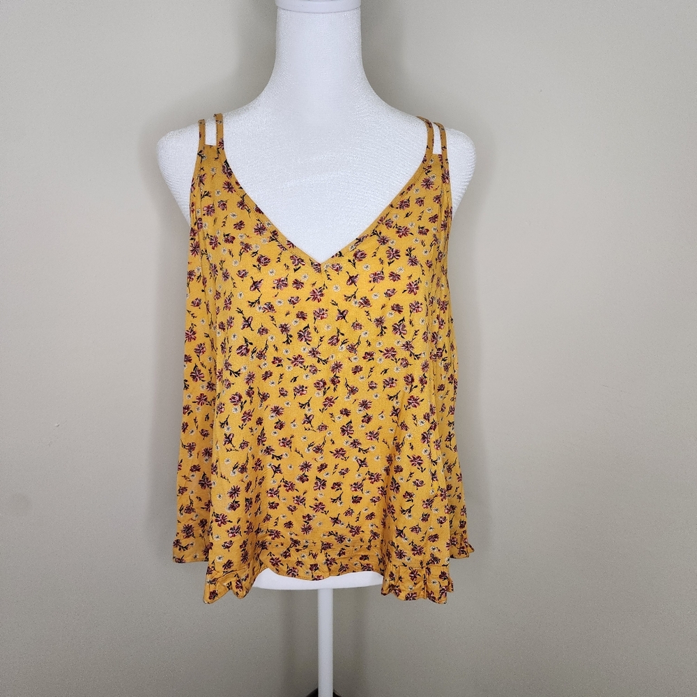 Xhilaration Honey Mustard Yellow Floral Strappy Tie Back Flowy Top Small Boho